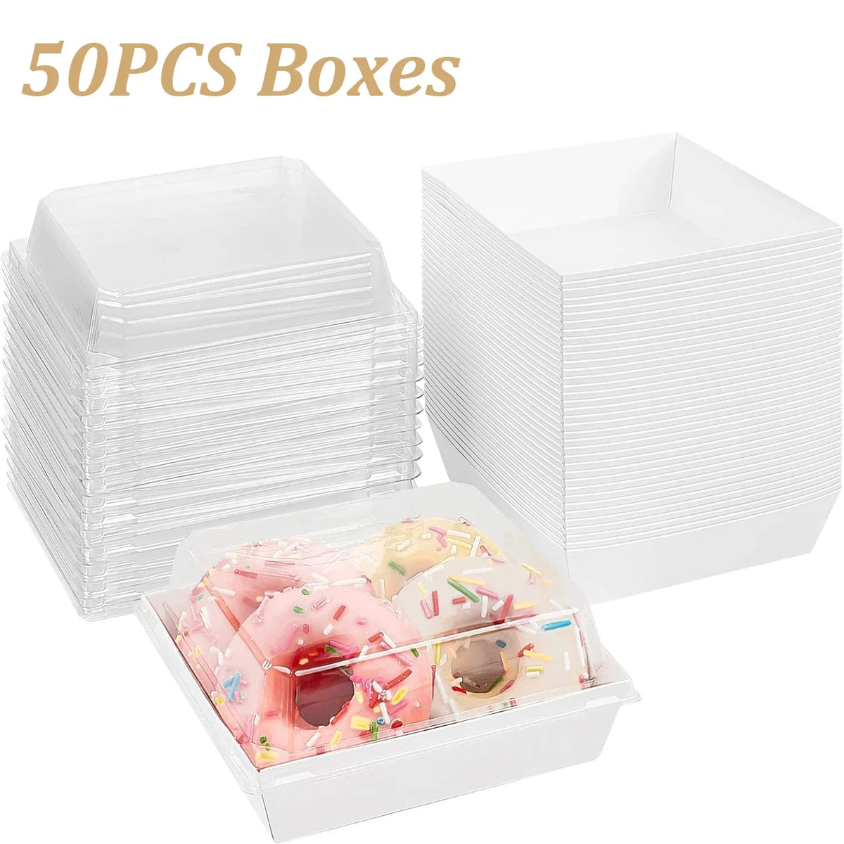 A stack of 50 clear lidded paper sandwich boxes for desserts, packaged in a white box.
