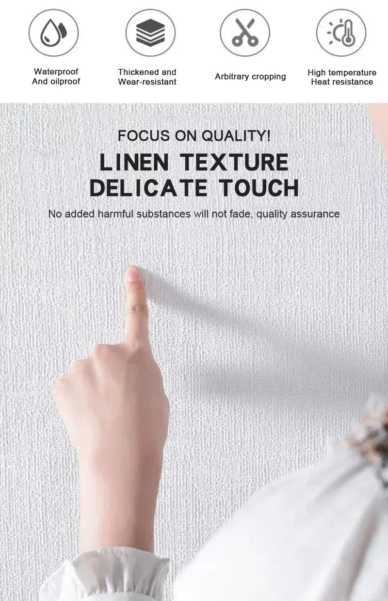 A hand touches a white fabric with a linen texture, demonstrating the delicate touch of the product.