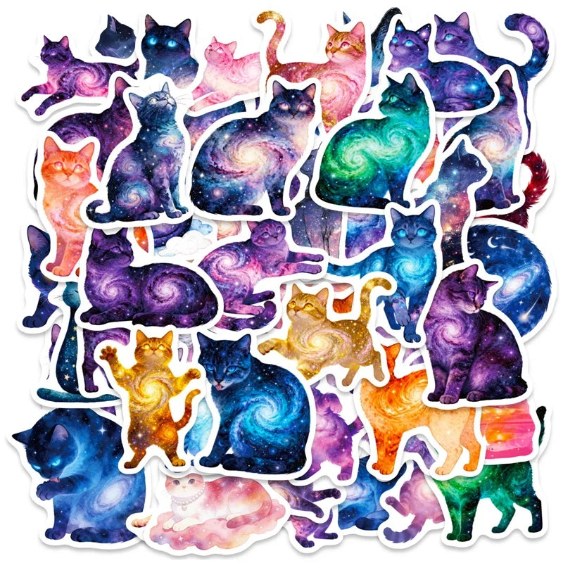 A collection of colorful PVC stickers featuring cats with starry sky and cosmic patterns for scrapbooking