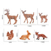 A set of realistic farm animal figurines including deer and a fox in various sizes.