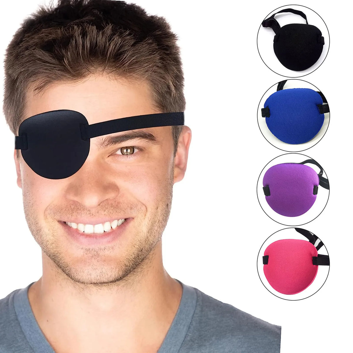 A man wearing a black adjustable 3D single eye patch, with color options shown in the inset circles.