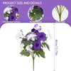A bundle of artificial purple and white petunia flowers with green leaves and stems.