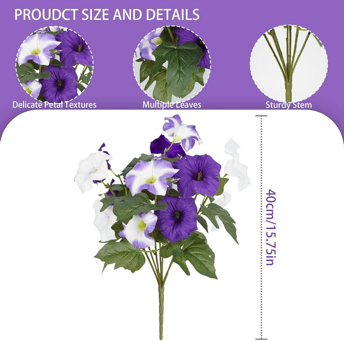 A bundle of artificial purple and white petunia flowers with green leaves and stems.