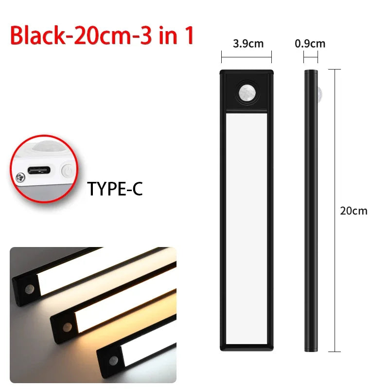 Black 20cm 3-in-1 light fixture with a motion sensor and Type-C charging port.