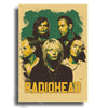 Poster featuring five portraits of Radiohead band members in dark tones against a muted olive background.