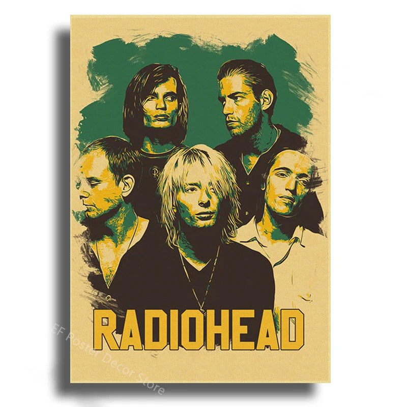 Poster featuring five portraits of Radiohead band members in dark tones against a muted olive background.