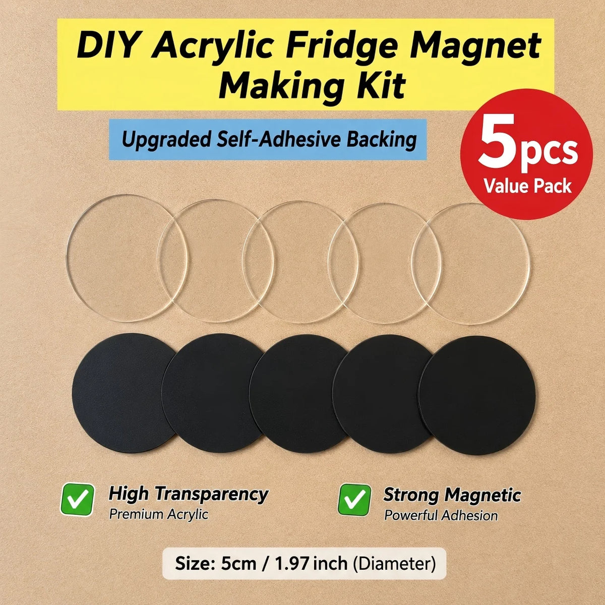 A set of five clear and black acrylic fridge magnets with a 5cm diameter, sold as a value pack.