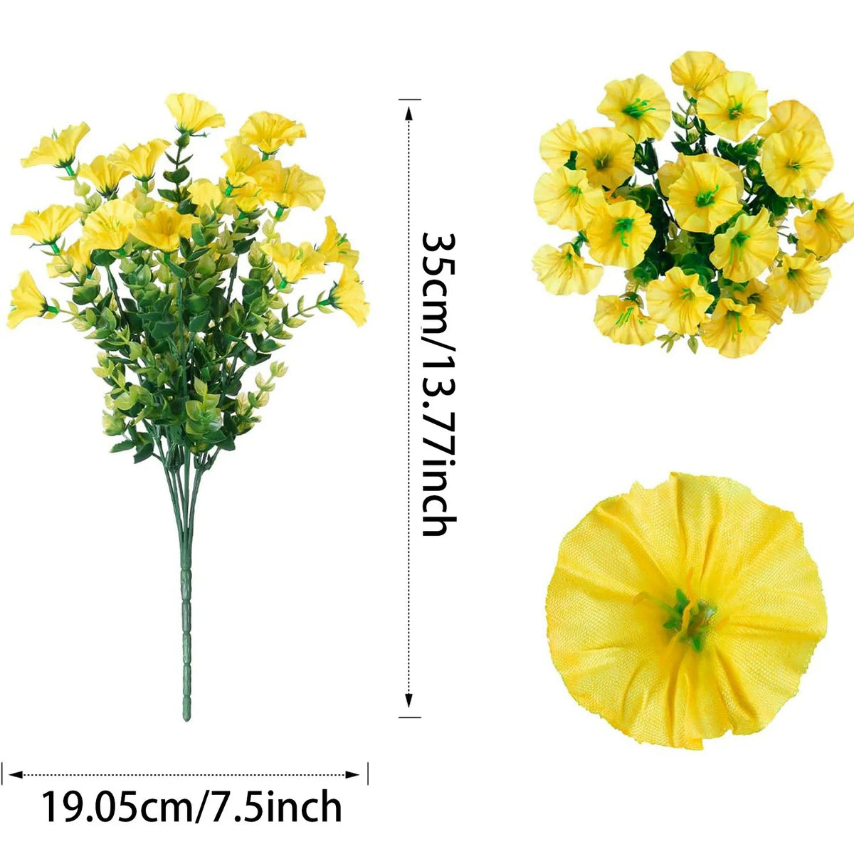 A bunch of bright yellow artificial flowers resembling morning glory or eucalyptus, shown with a vertical measurement.