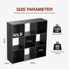 A black wooden storage organizer bookcase with twelve open compartments and size parameters shown.