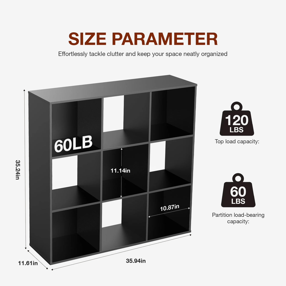 A black wooden storage organizer bookcase with twelve open compartments and size parameters shown.
