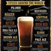 A vintage bar sign listing various beer styles such as Pilsner, Bitter, and Stout.