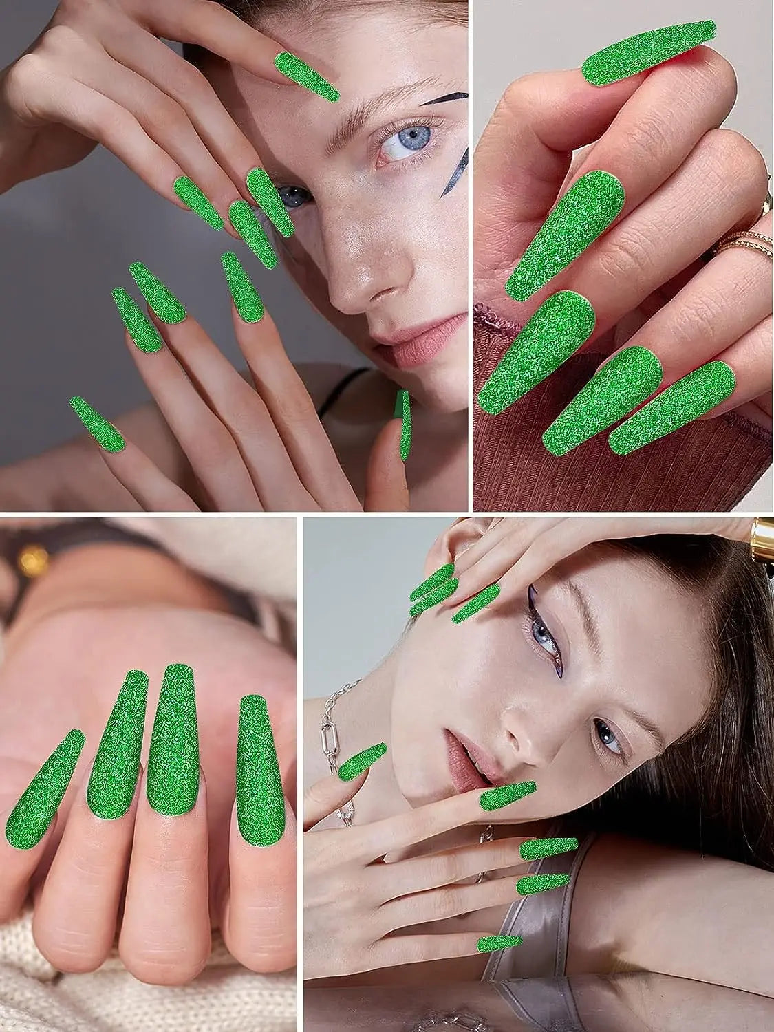 Close-up of hands displaying various shades of green glitter nail polish for DIY crafts and nail art.
