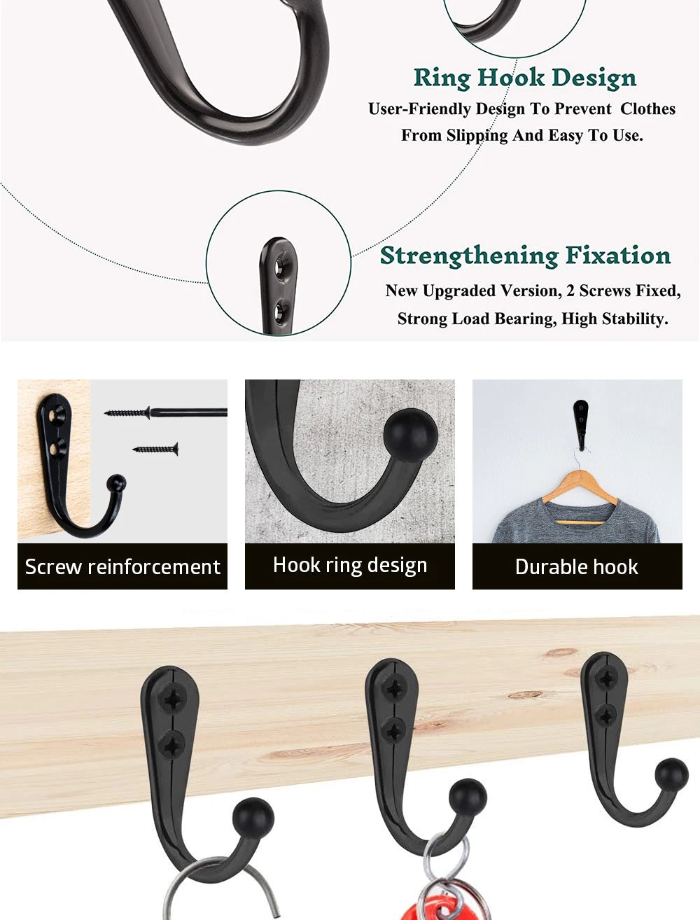 Black rustproof zinc alloy wall hooks with screws for coats, bags, and towels shown in various designs
