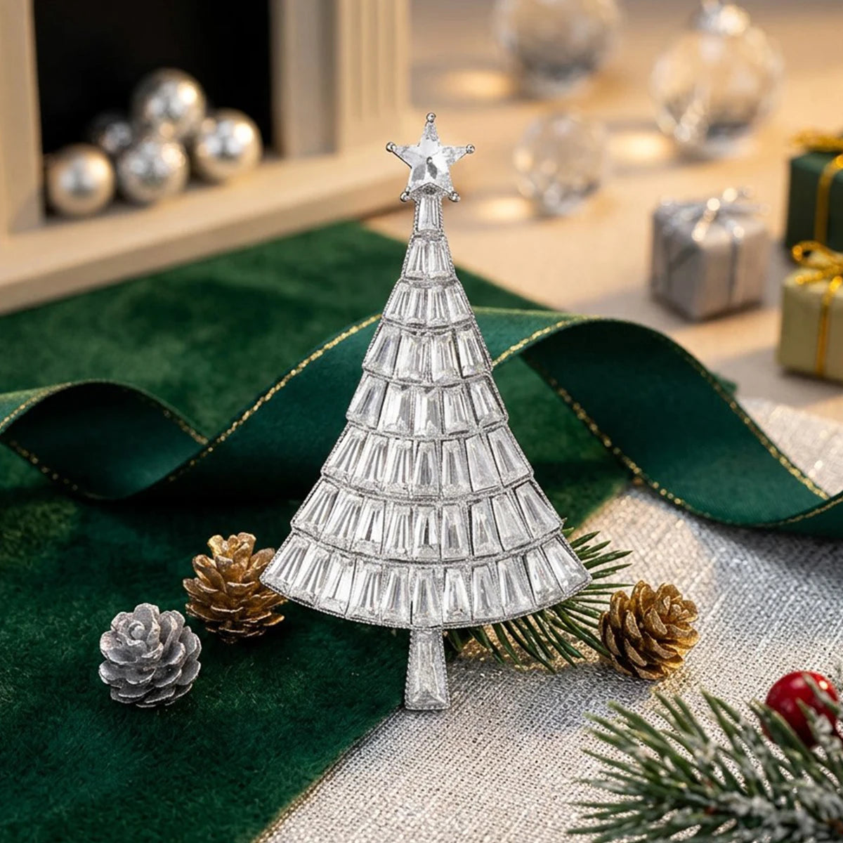 Silver rhinestone Christmas tree brooch pin resting on a green velvet fabric with pine cones and greenery.