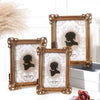 A set of elegant gold-framed resin photo frames featuring vintage European designs and silhouette portraits.