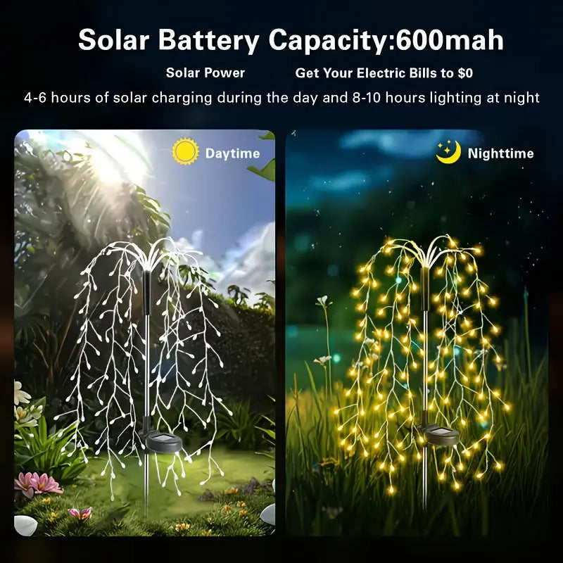 A pair of solar garden lights with a starburst effect illuminating plants during daytime and nighttime.