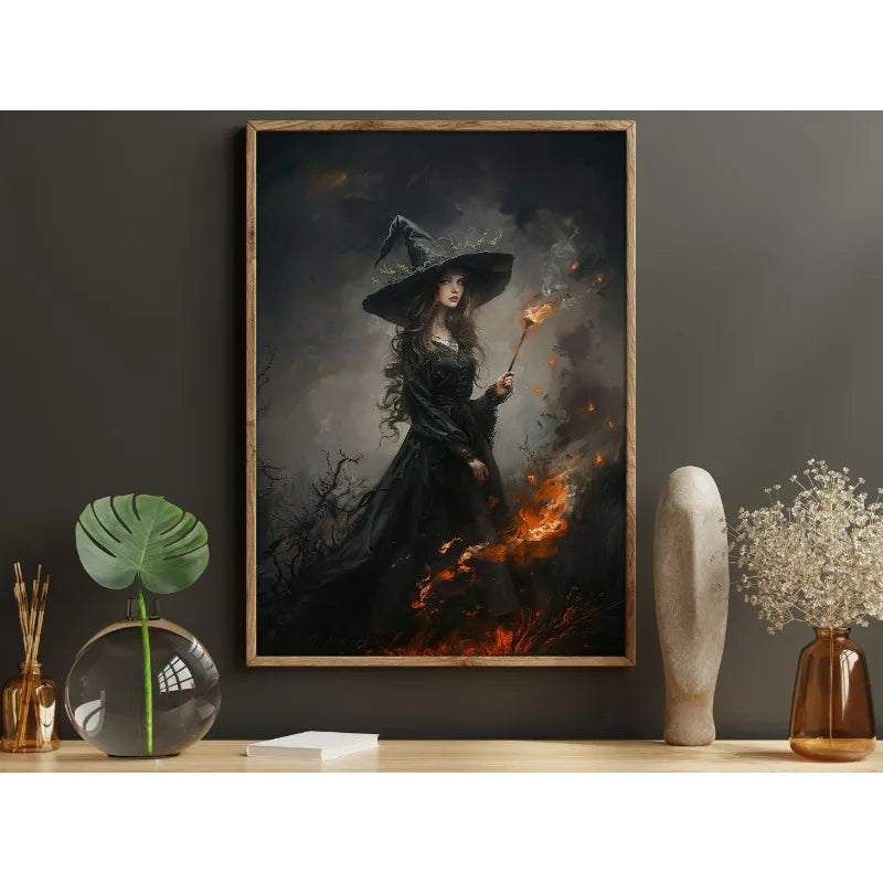 Dark witch figure in a black hat standing amidst flames and dark forest scenery on a canvas wall art