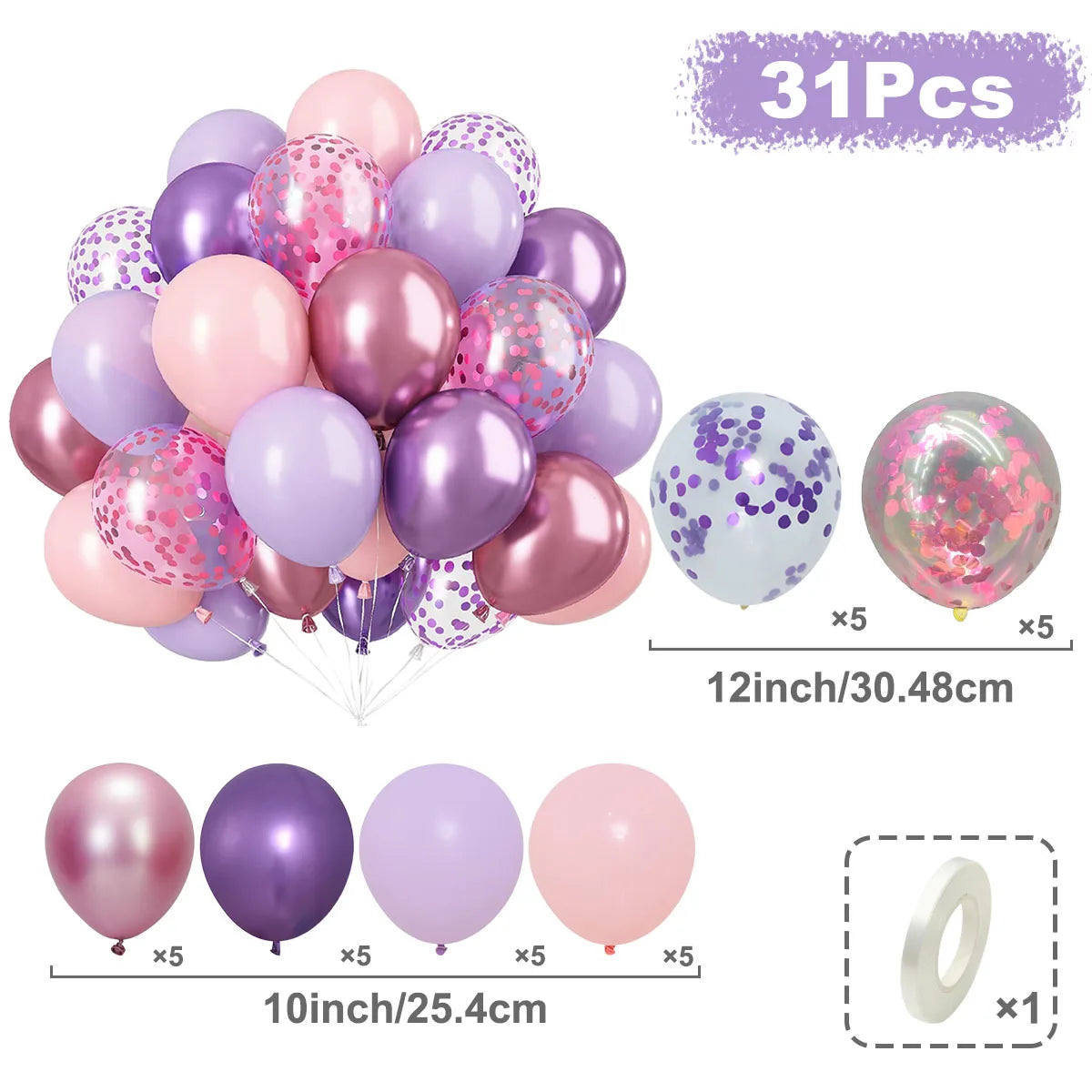 A kit of 31 balloons in various shades of pink and purple with metallic pearl accents and confetti details.