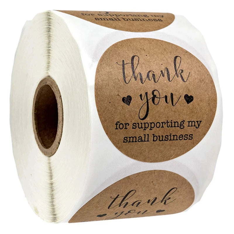 Roll of kraft paper thank you stickers with the text thank you for supporting my small business