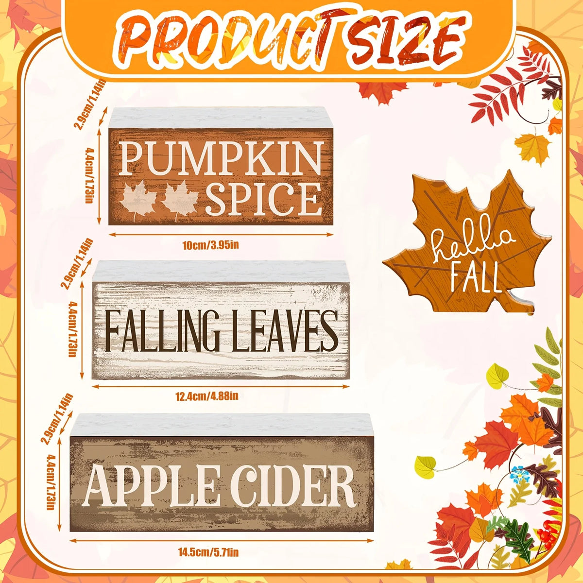 A set of three rustic wooden spice trays labeled Pumpkin Spice, Falling Leaves, and Apple Cider