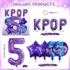 A set of purple foil number balloons spelling out the number five and the letters KPOP
