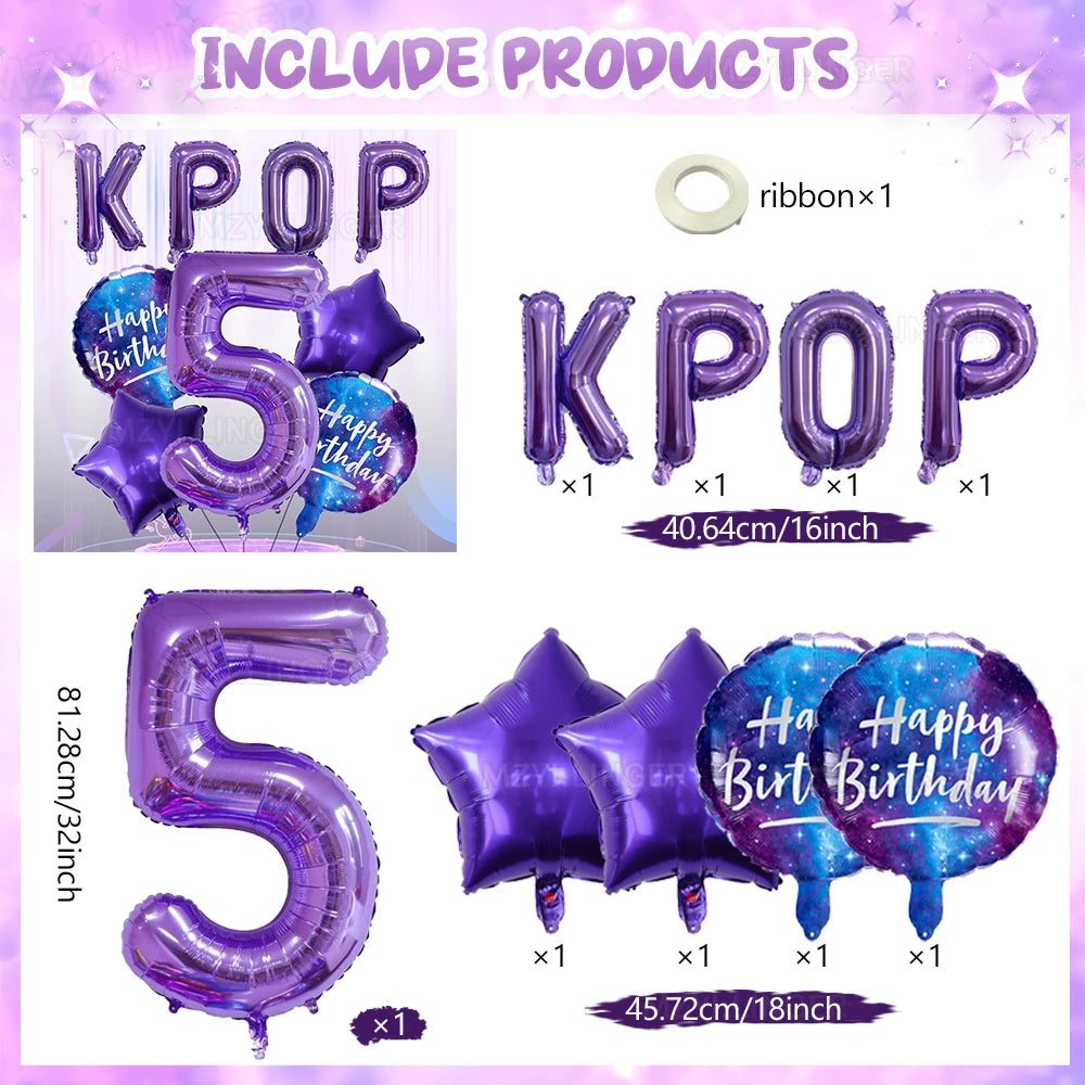 A set of purple foil number balloons spelling out the number five and the letters KPOP