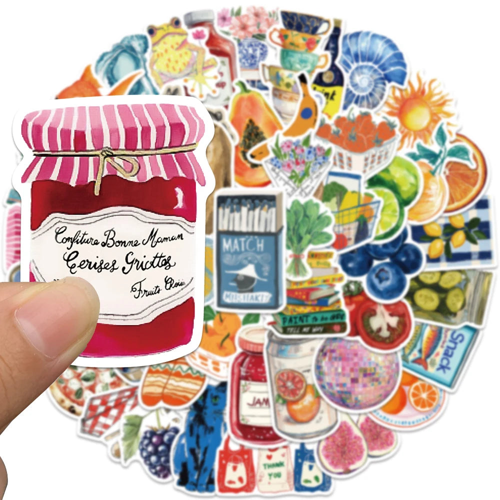 A colorful watercolor sticker pack featuring various fruits and jams on a round background.