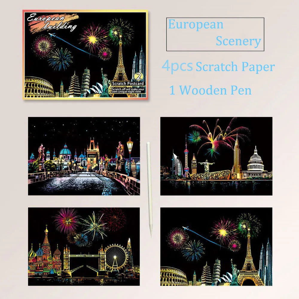 A set of four scratch paper cards and a wooden pen for an European scenery painting art kit