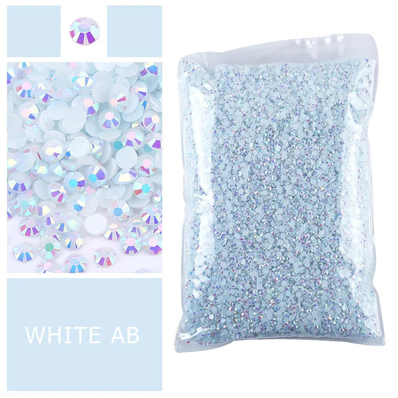 Bag of white ab flatback resin rhinestones with iridescent glitter