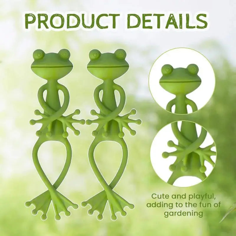 Two green frog-shaped plant support clips used for gardening and climbing plants