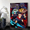 A vibrant wall art print featuring characters from Jujutsu Kaisen in a dynamic, dark, and intense style.