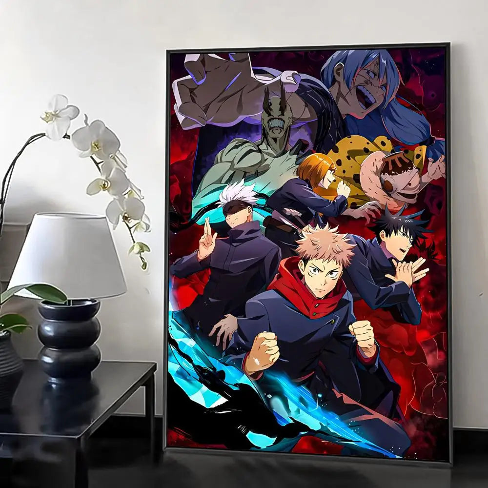 A vibrant wall art print featuring characters from Jujutsu Kaisen in a dynamic, dark, and intense style.