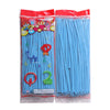 A clear plastic bag filled with blue latex strip balloons for party decoration