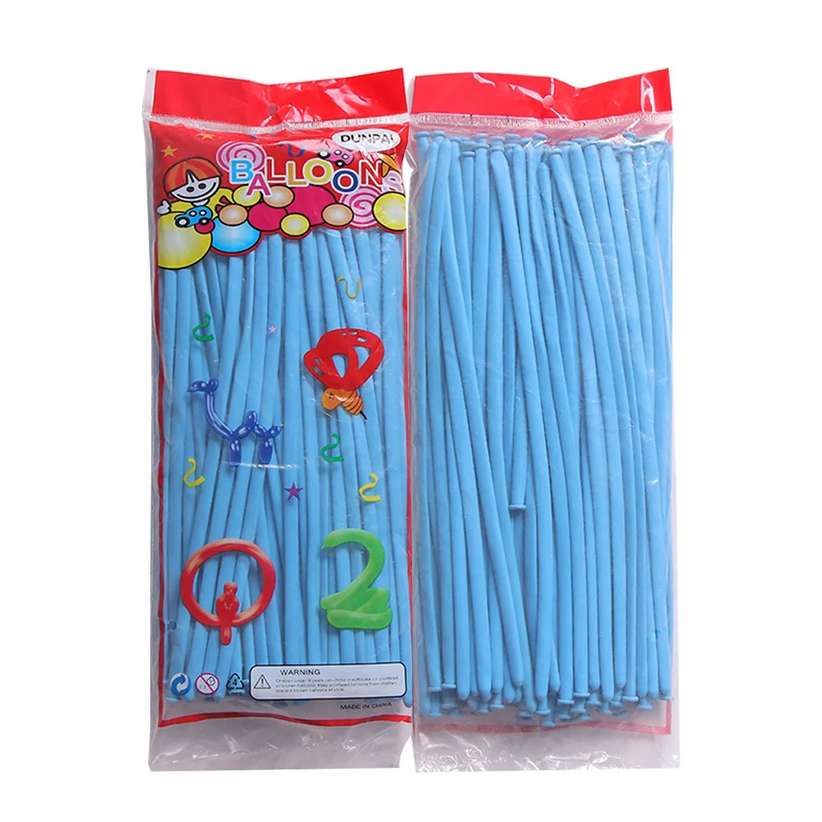 A clear plastic bag filled with blue latex strip balloons for party decoration