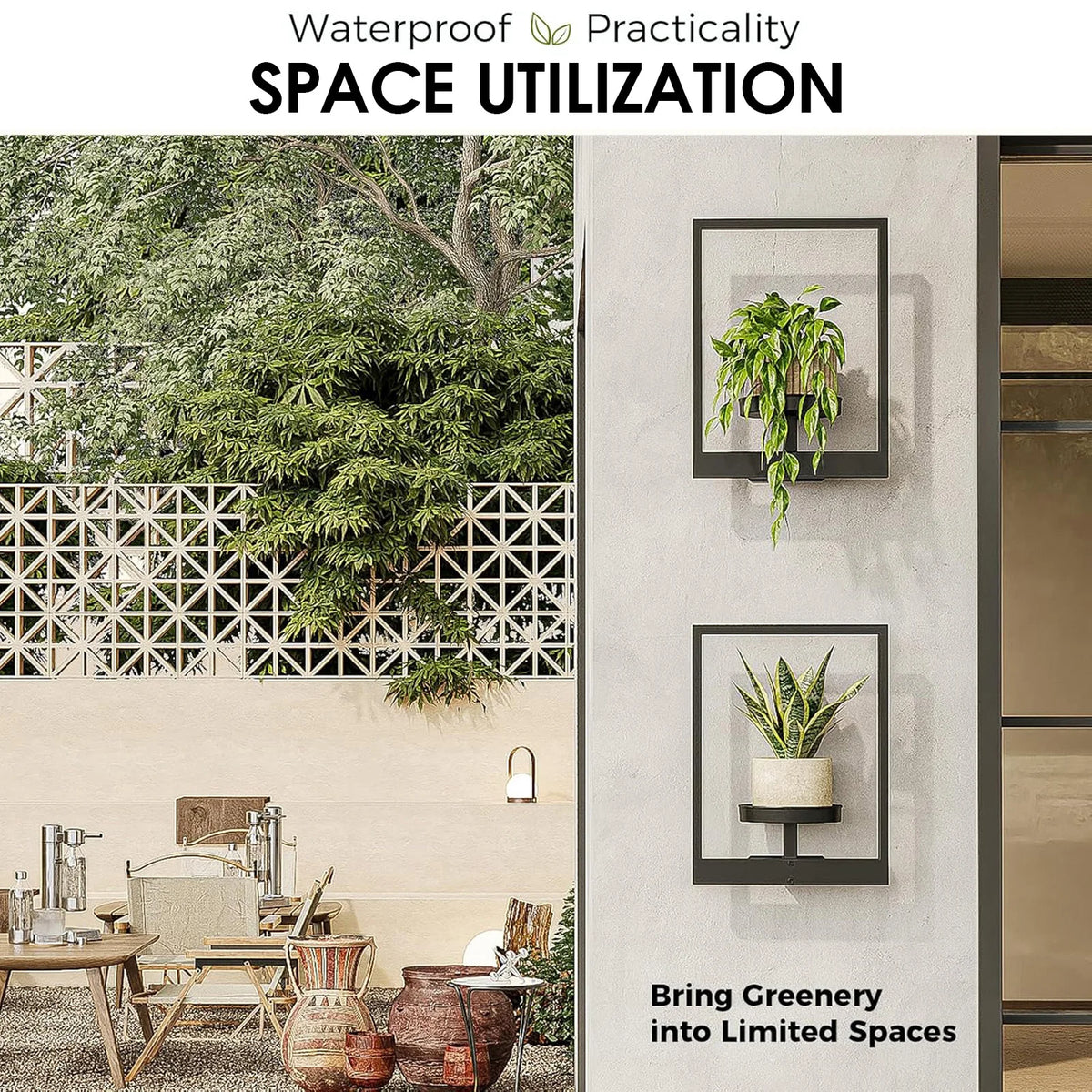 A display showing a Nordic style metal wall planter for succulents hanging on a light gray wall.