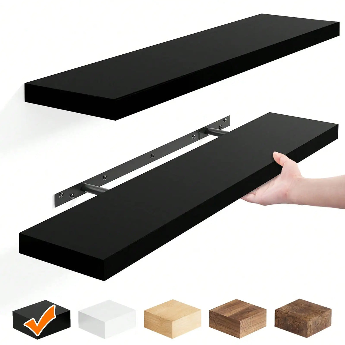 A black floating shelf is being held by a hand, shown alongside various wood and white square shelves.