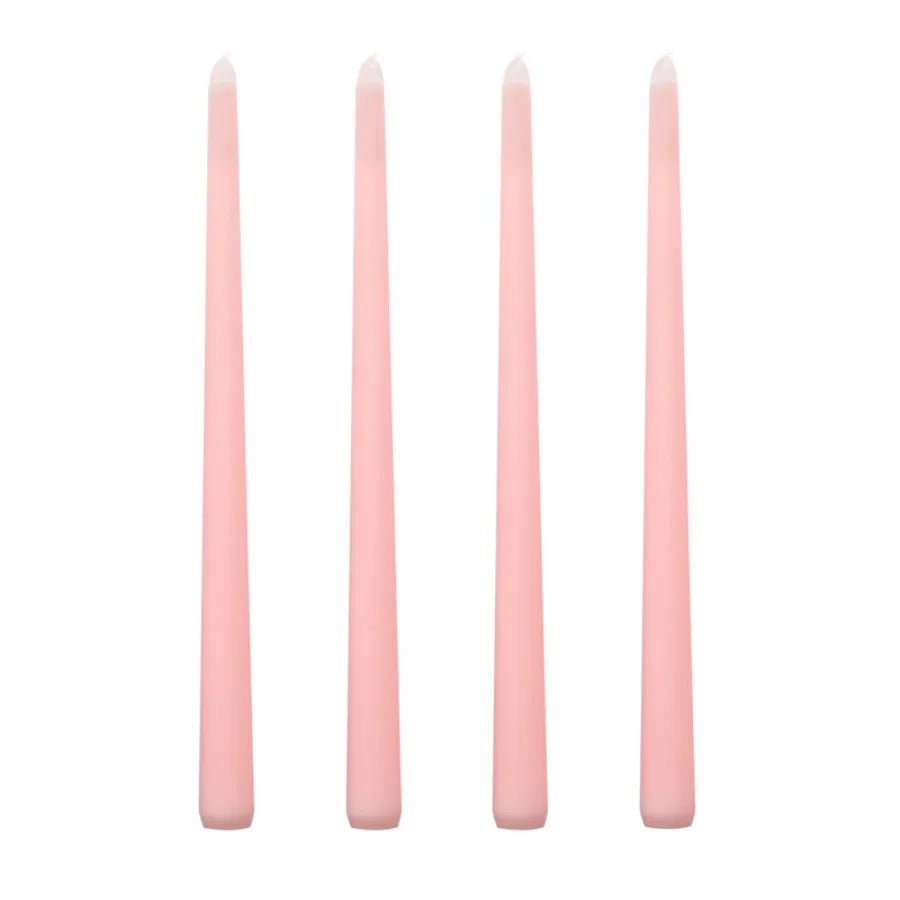 Four slender gradient color taper candles standing vertically.