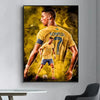 A portrait of football player Ronaldinho in a yellow jersey, set against a dark background.