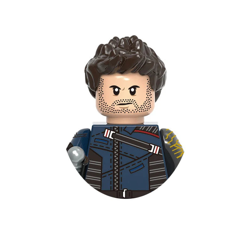 A building block figure of a male character with dark curly hair and a beard wearing a blue jacket.