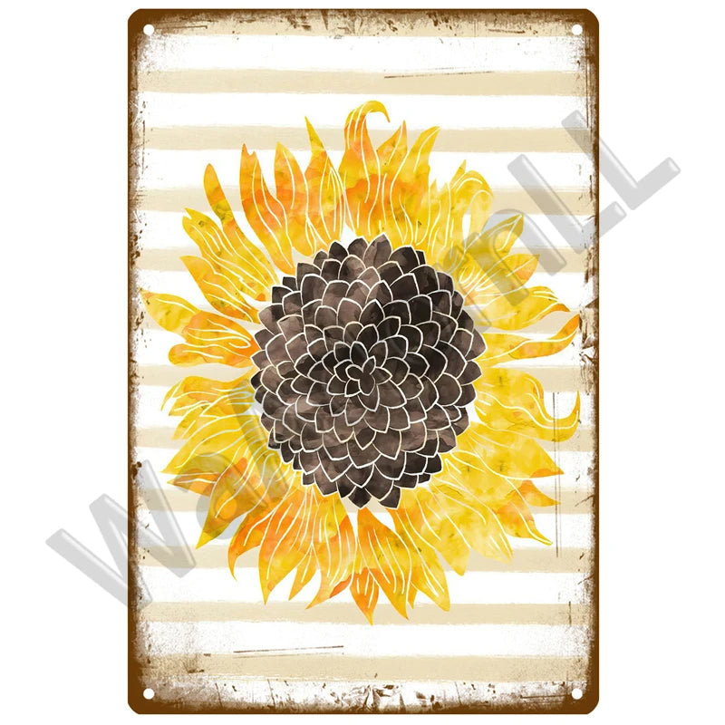 A vintage metal sign featuring a sunflower design with yellow and orange petals against a striped background.