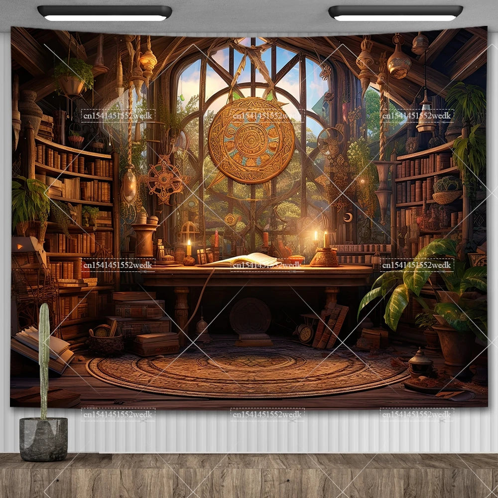 Enchanted Library Staircase Tapestry Wall Hanging