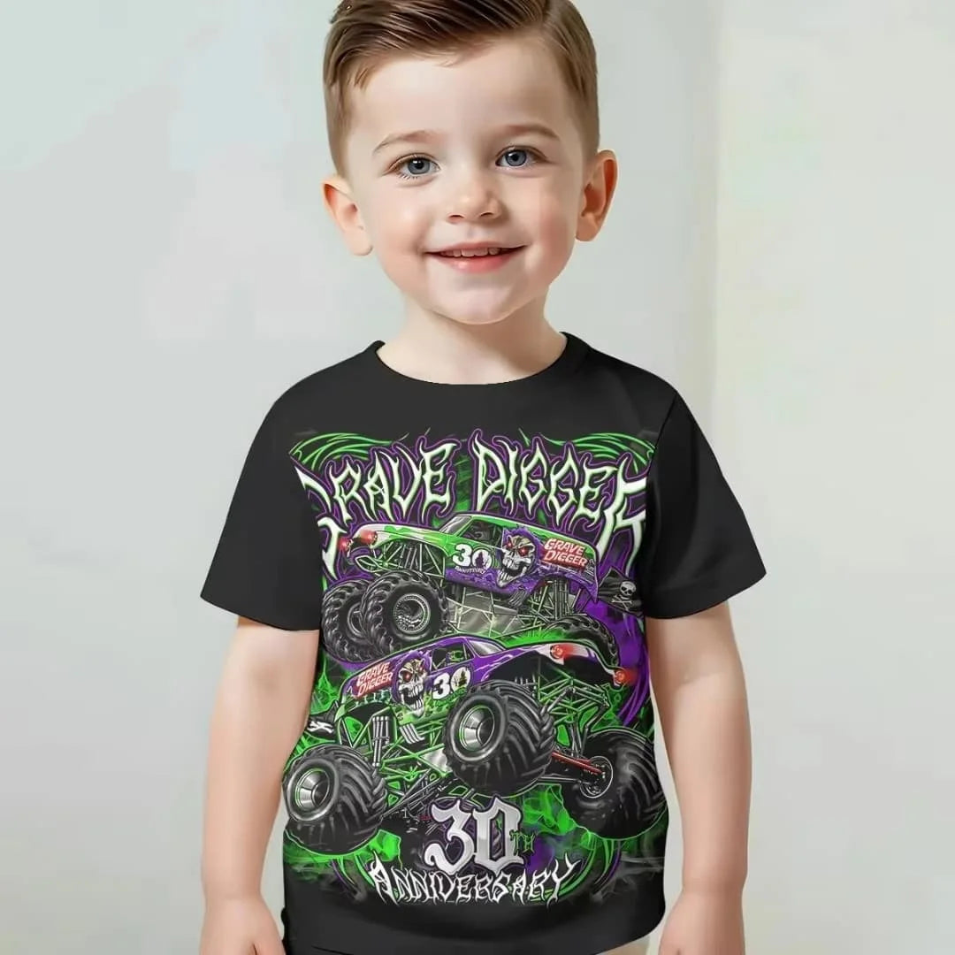 A young boy wearing a black t-shirt featuring a full graphic print of the Monster Jam Grave Digger logo and text.