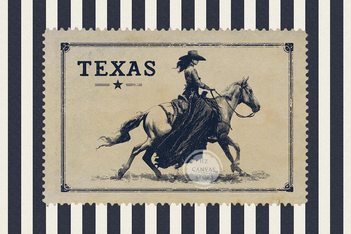 Vintage western wall art print featuring a silhouette of a cowgirl riding a horse on a vintage postage stamp design.