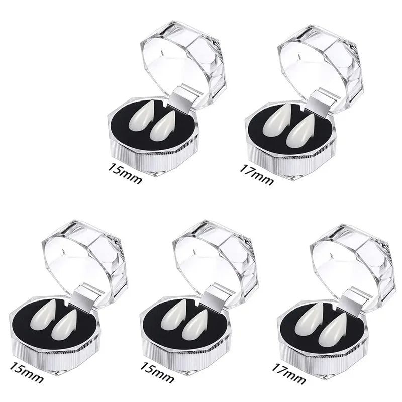 A set of realistic vampire fangs with adjustable fit shown in various sizes and packaging.