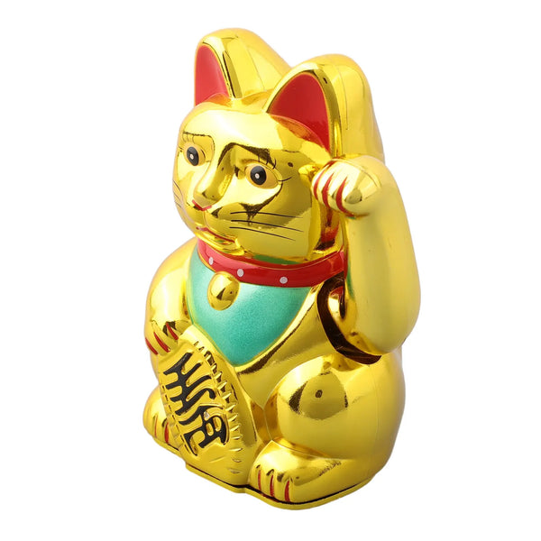 A golden electric fortune cat decor figurine with red ears and a green body.