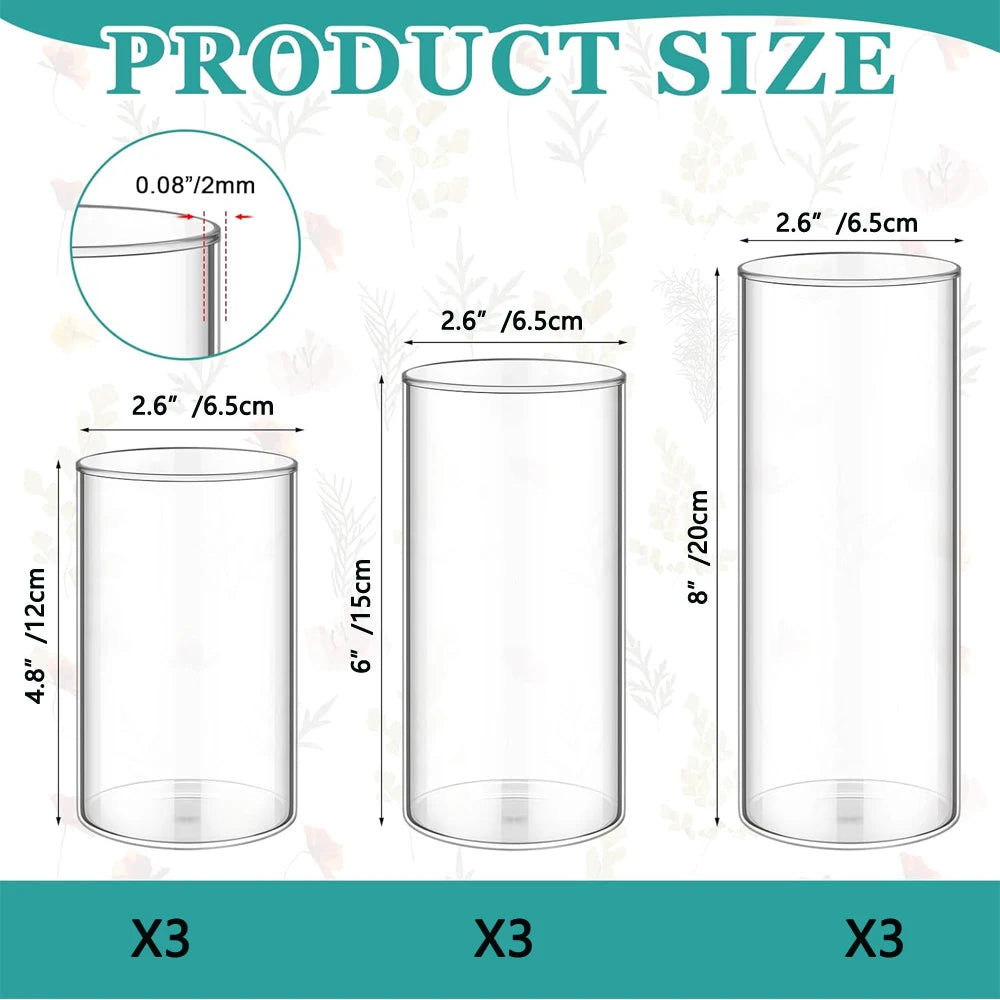 Three clear glass cylinder vases shown with various dimensions and a measurement guide.