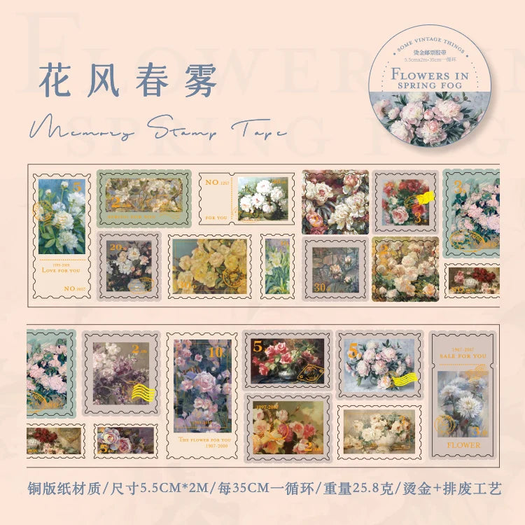 A set of floral memory stamp tape featuring various flower designs and colors for scrapbooking