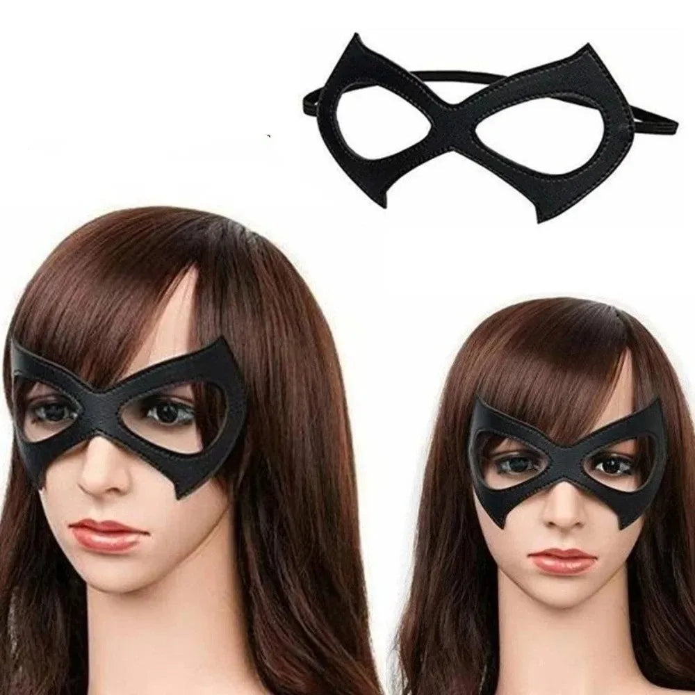 A black adjustable PU leather cat eye masquerade mask shown on a mannequin head.