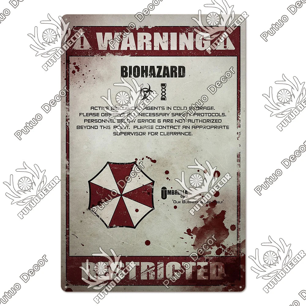 A vintage warning metal sign with a biohazard symbol and text for decor.
