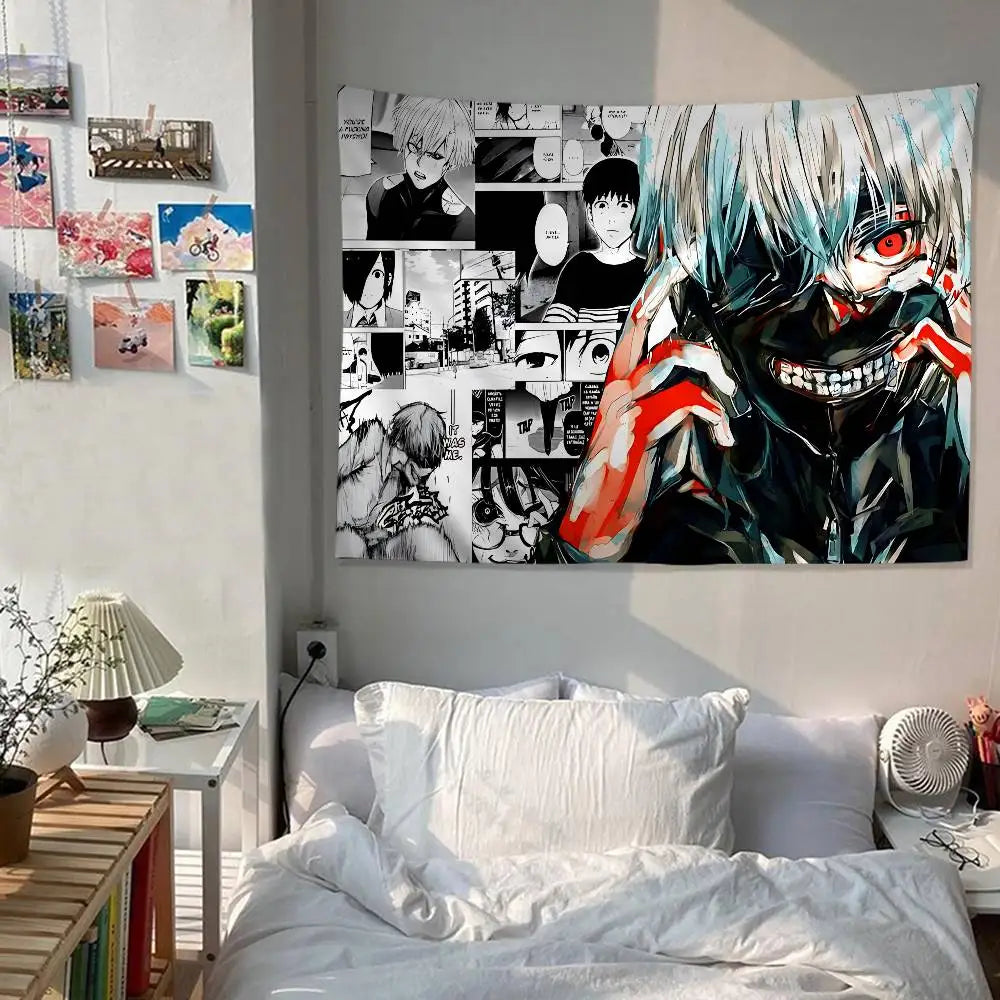 A large tapestry featuring characters from the Tokyo Ghoul anime in black and white tones displayed on a wall.